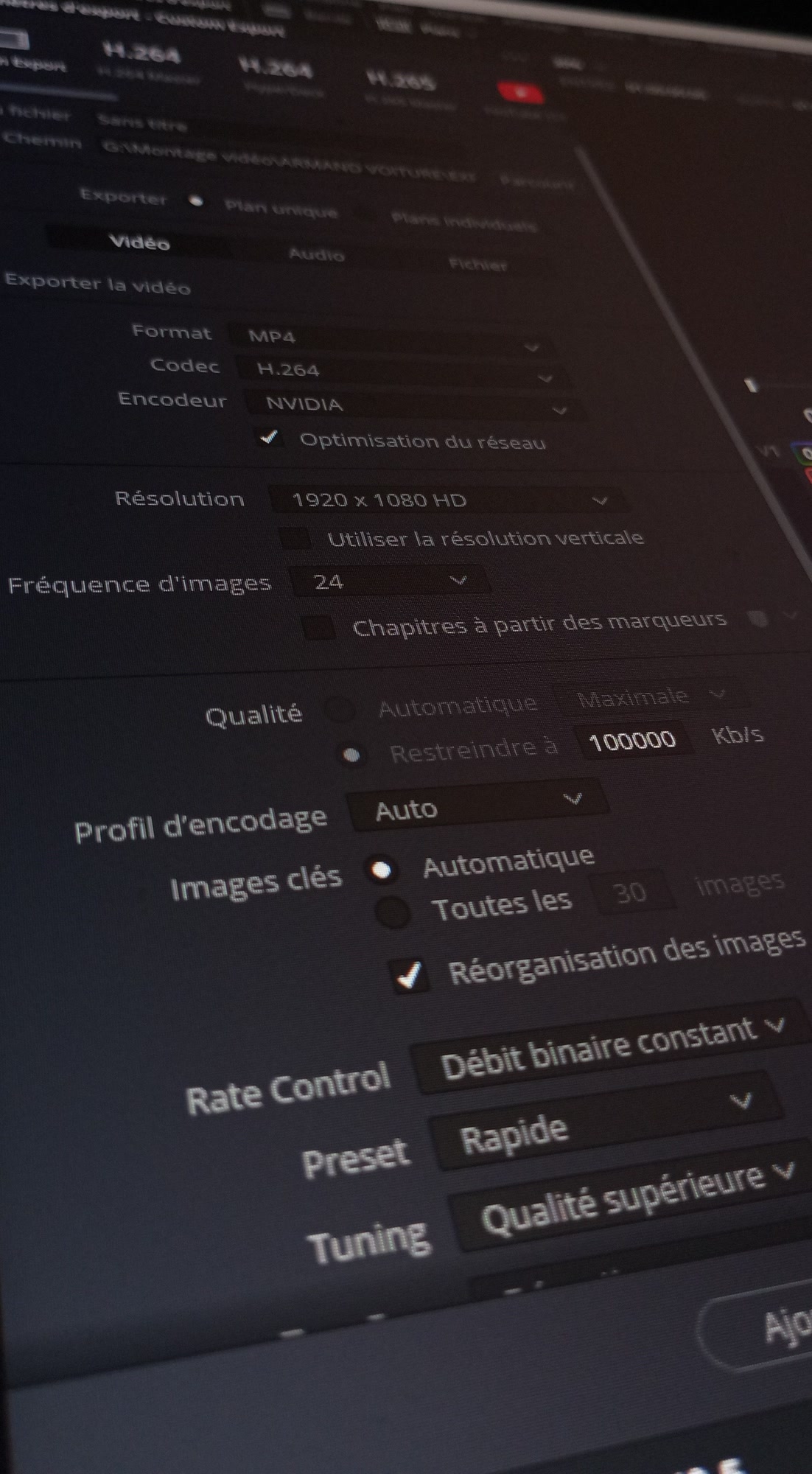 Réglages d'export d'une vidéo