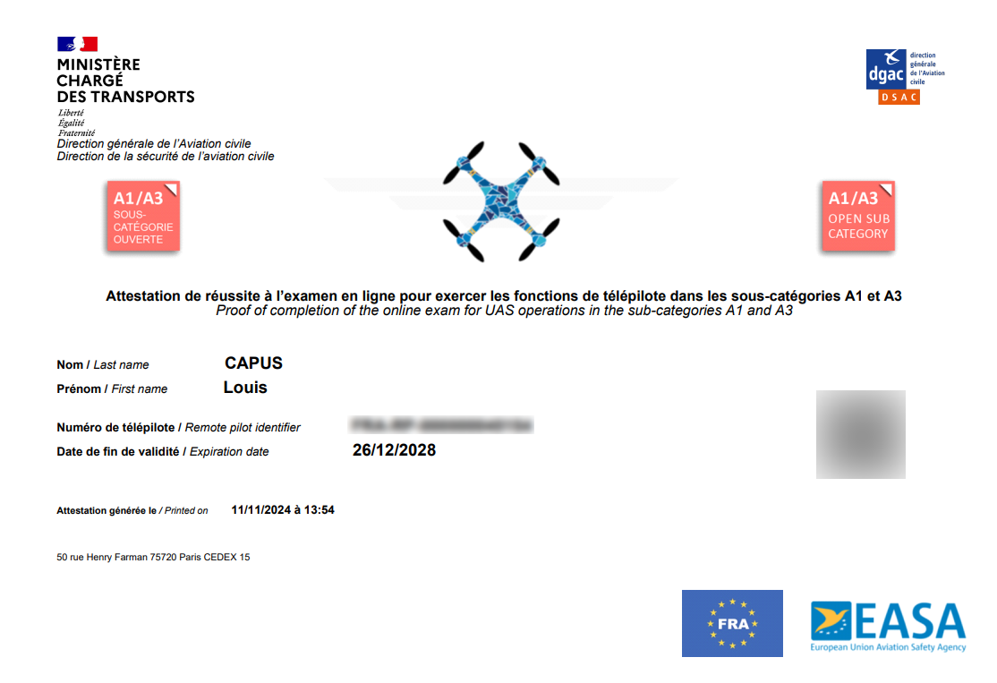 Attestation de formation au pilotage de drone