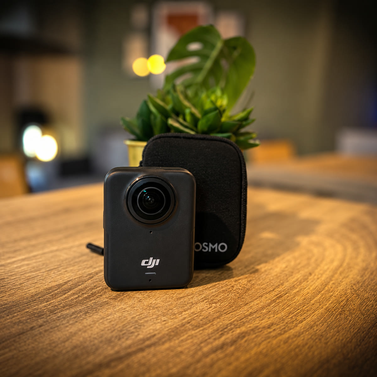 Caméra 360° DJI Osmo posée sur une table en bois
